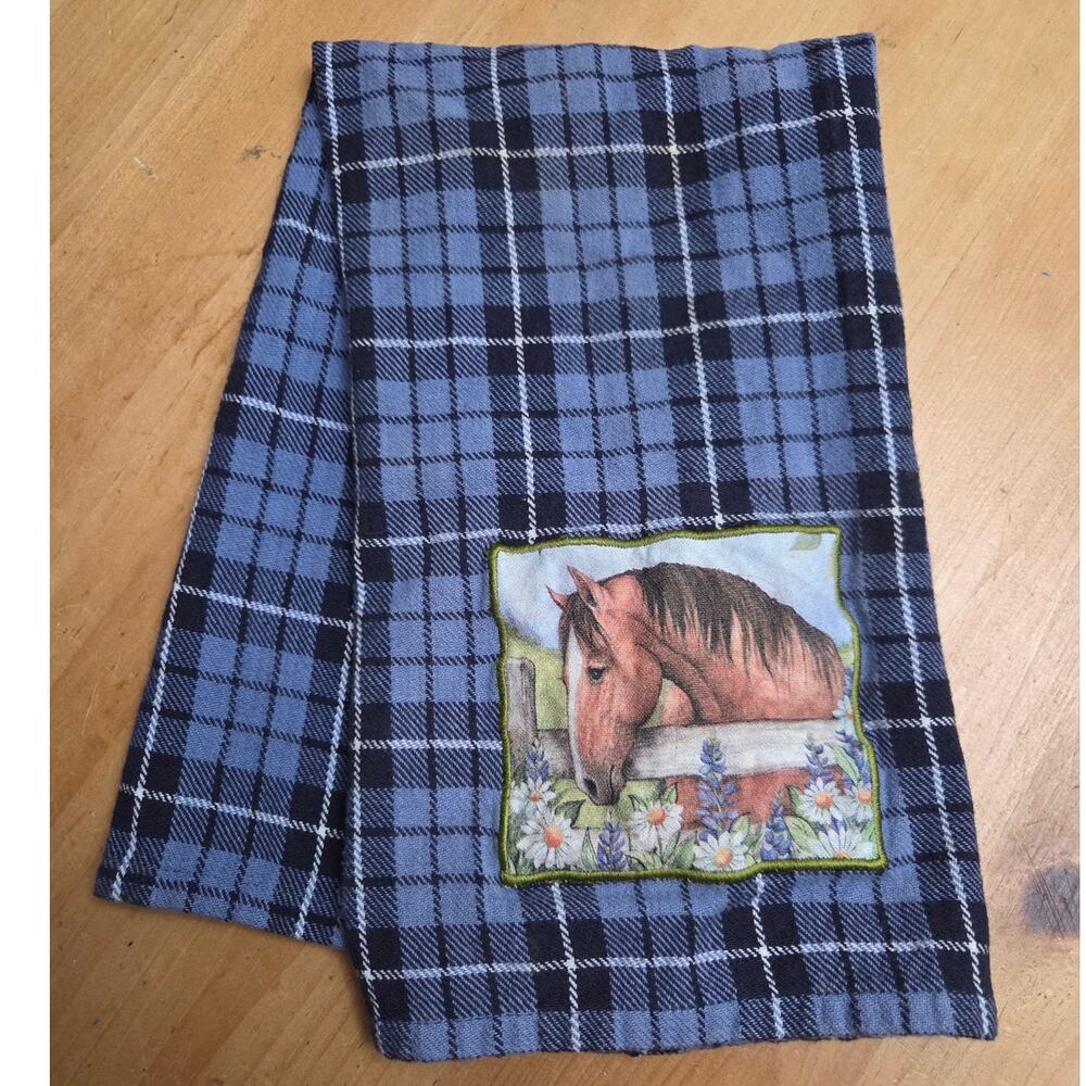 Vtg Grace & Beauty Blue Plaid Horse Applique Kay Dee Hand Towel Decor